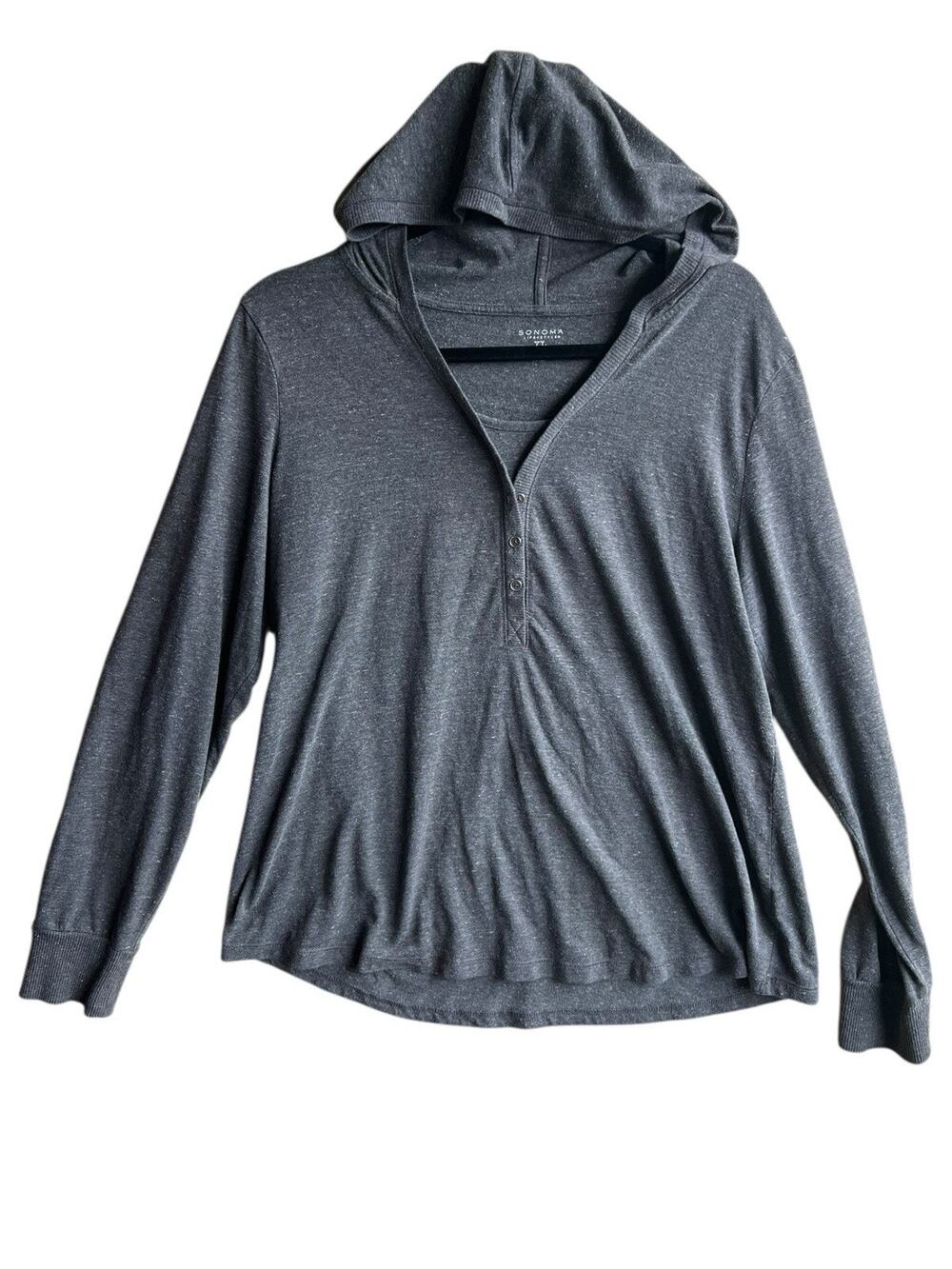 Sonoma Lifestyle Women's XL Gray Long Sleeve Pullover Henley Lightweight Hoodie